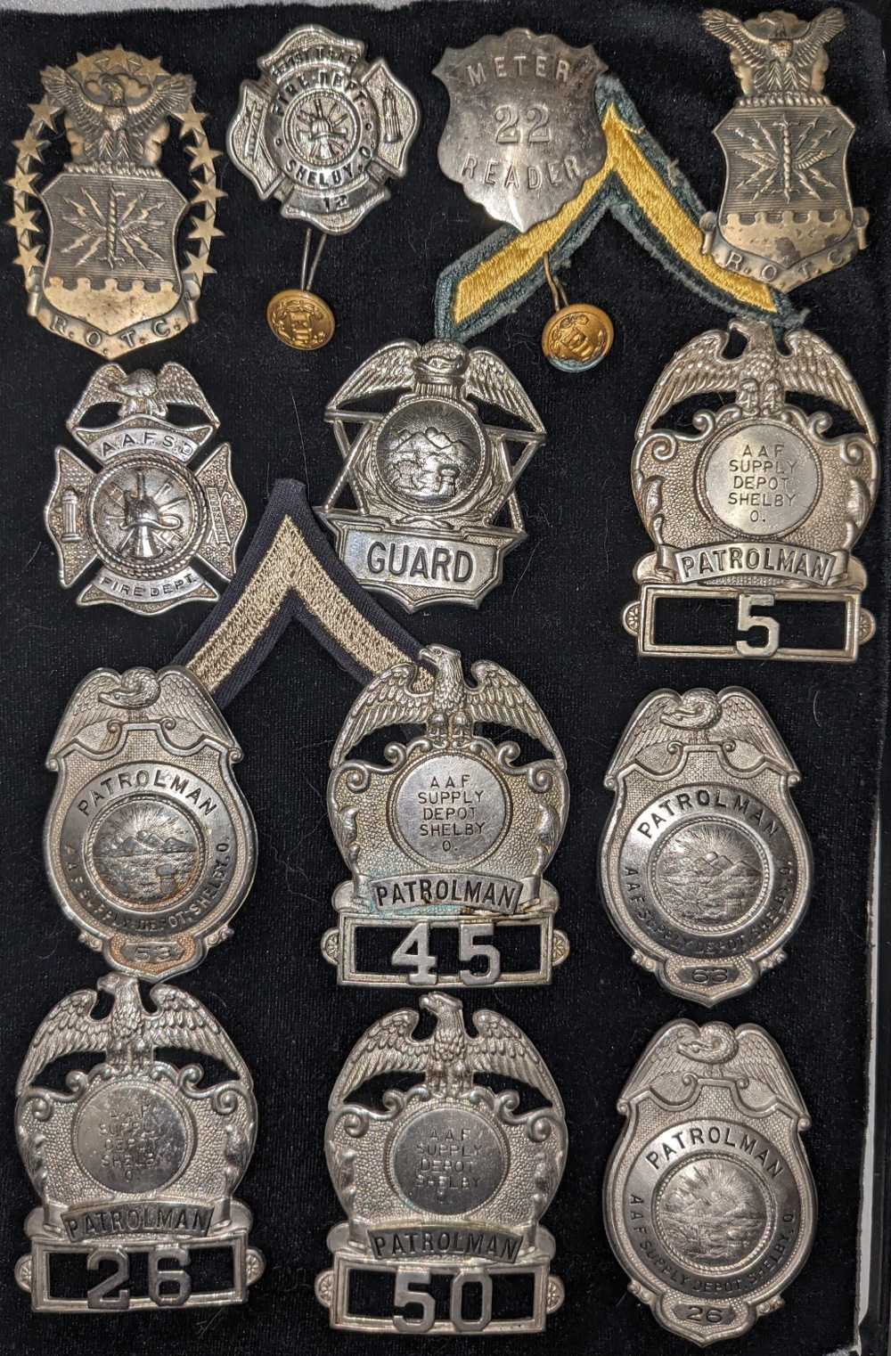 Army Air Force Police and Fire Badges, Shelby, Ohio