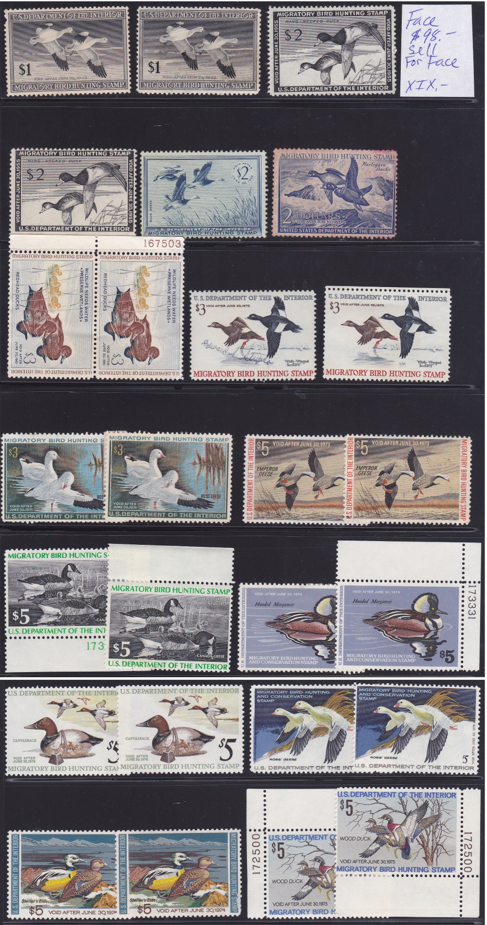 Mint Duck Stamps, Face Value Lot $98.00